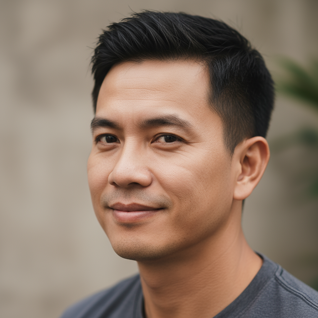 Cal Nguyen, a Vietnamese-American man with sharp features and a calm expression