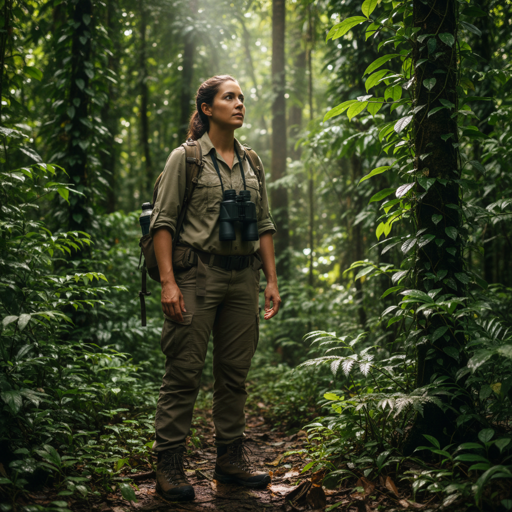 Valentina Soto Jiménez, Costa Rican wildlife biologist in her 30s with binoculars around neck in forest setting