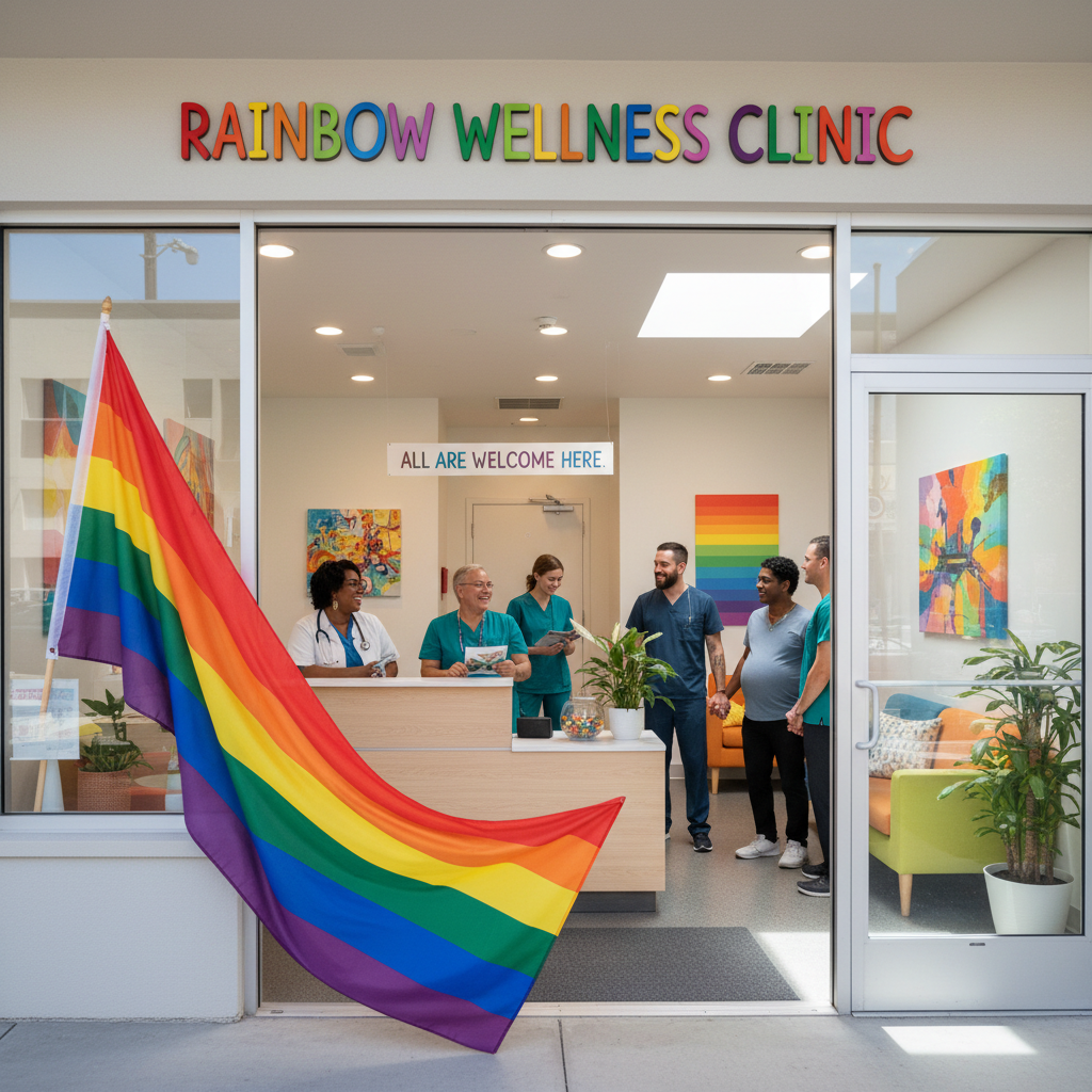 Welcoming LGBTQ+ health clinic with rainbow flag and supportive staff