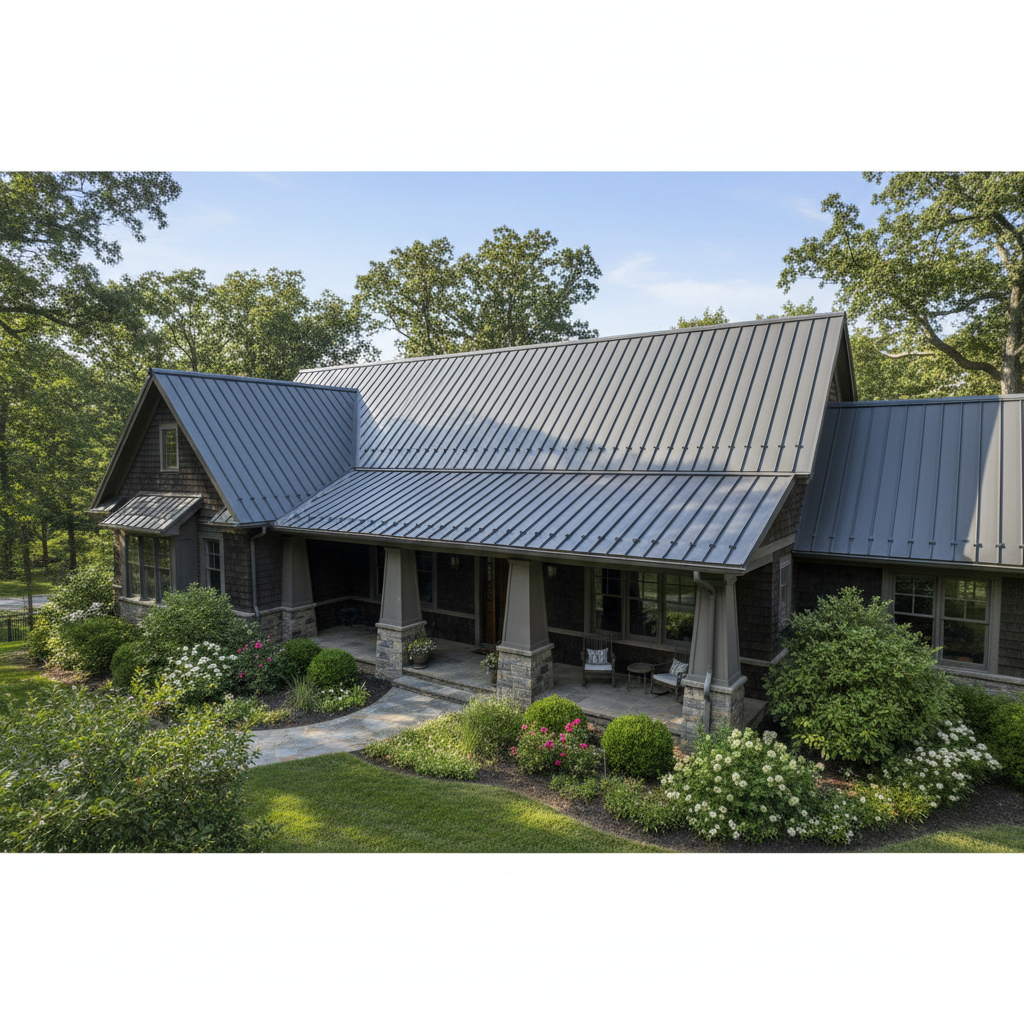 Craftsman home with metal shingles that mimic architectural shingles, warm daylight, premium curb appeal