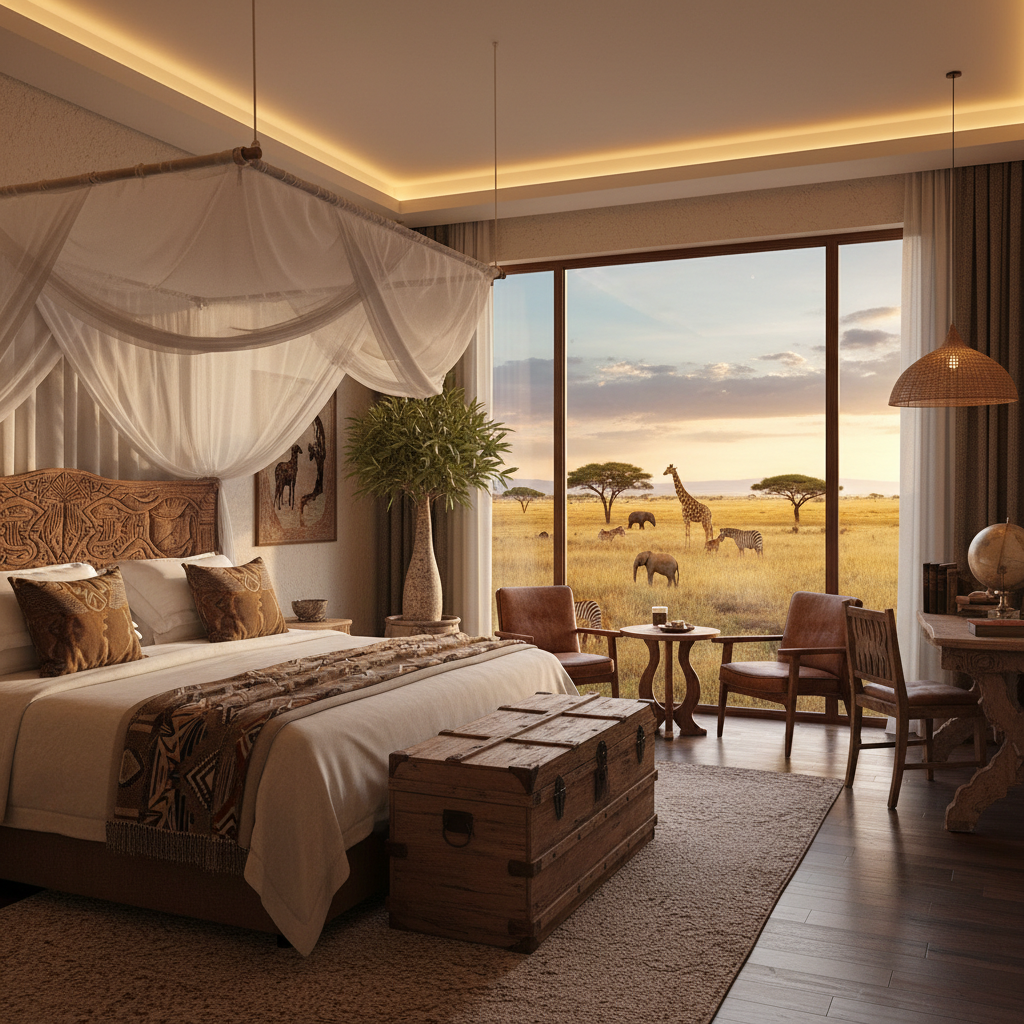 Elegant lodge suite bedroom with king bed, safari decor, and floor-to-ceiling windows