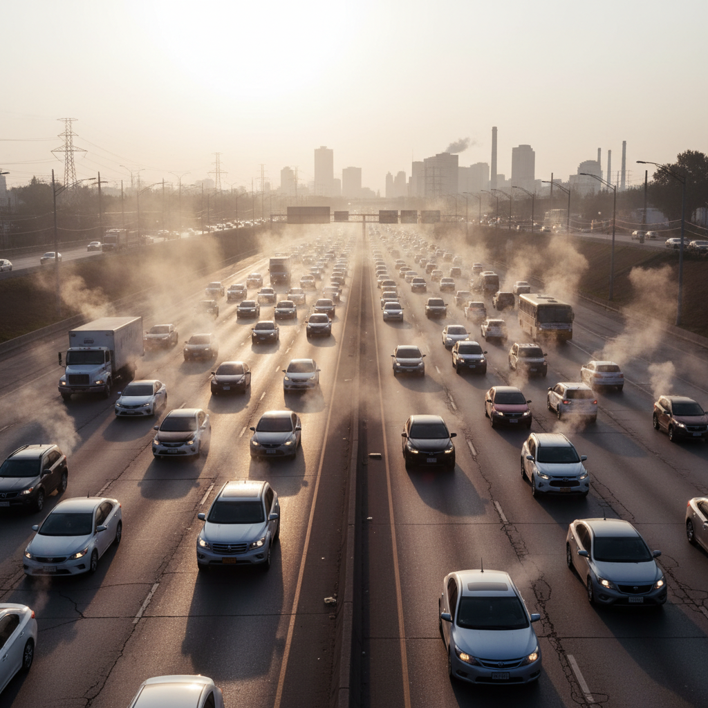 Heavy traffic on a multi-lane highway with visible smog and air pollution from vehicle exhaust, representing global vehicle emissions crisis