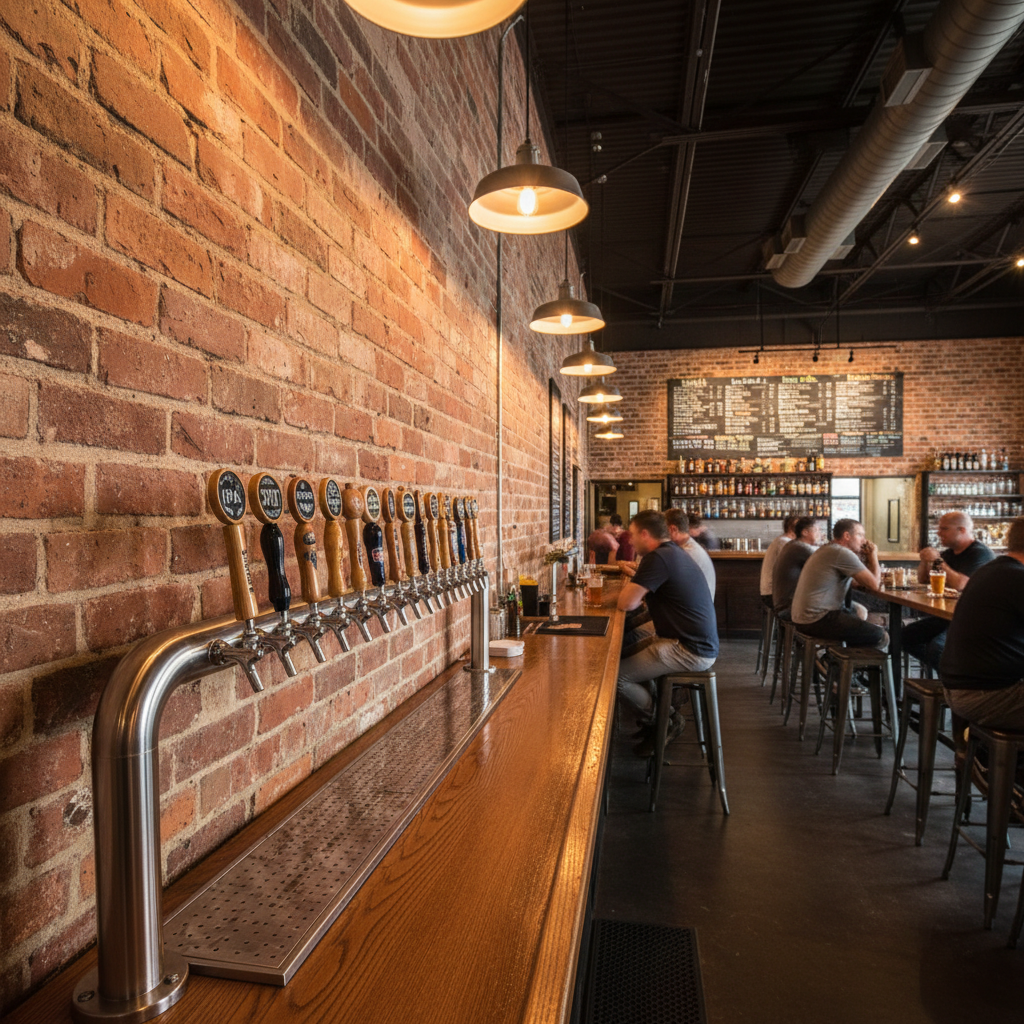 Craft beer bar interior with exposed brick walls and tap handles in Bangkok Thailand at night