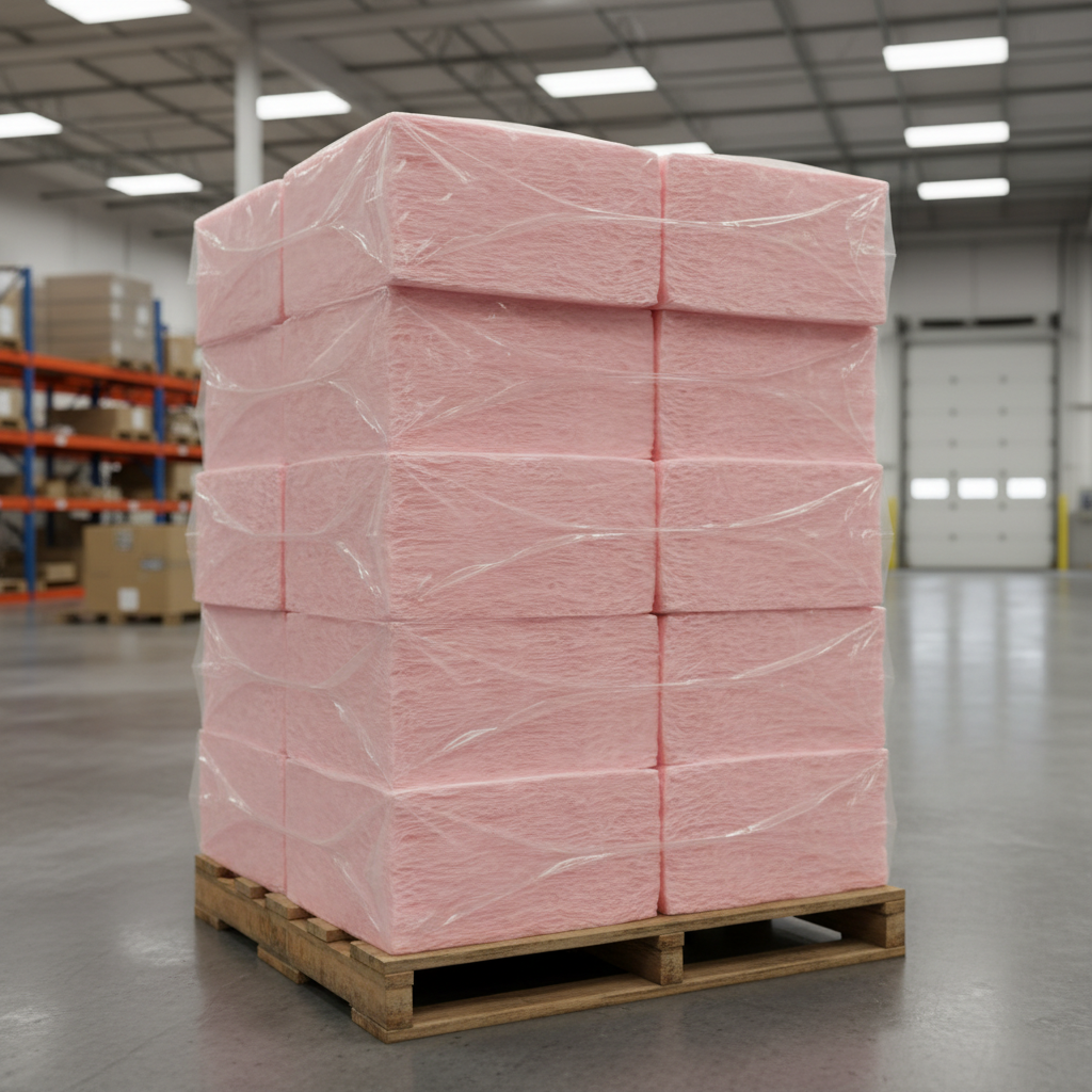 Pink fiberglass insulation batts stacked on a pallet at a warehouse