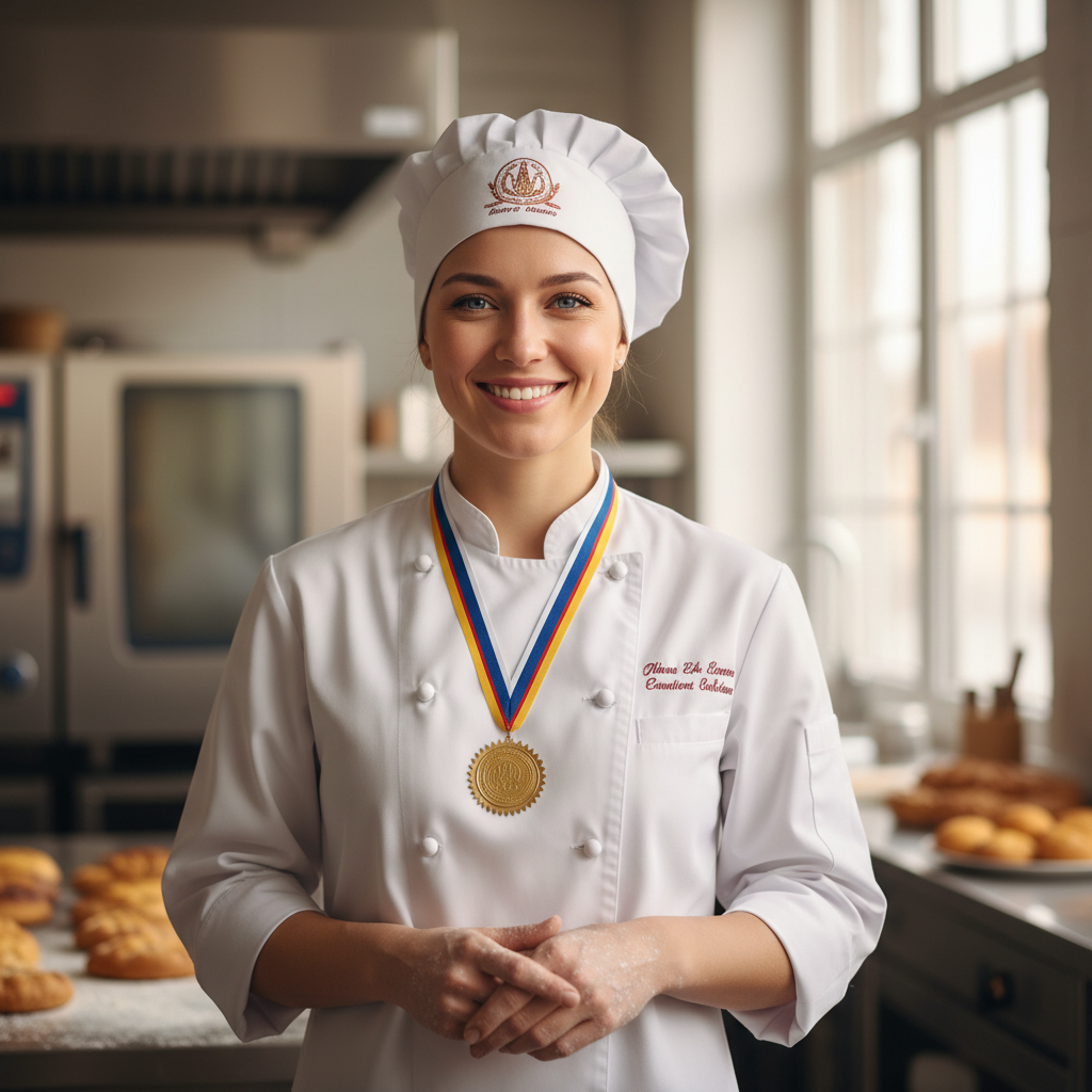 Young woman with blonde hair in white chef coat smiling in bakery
