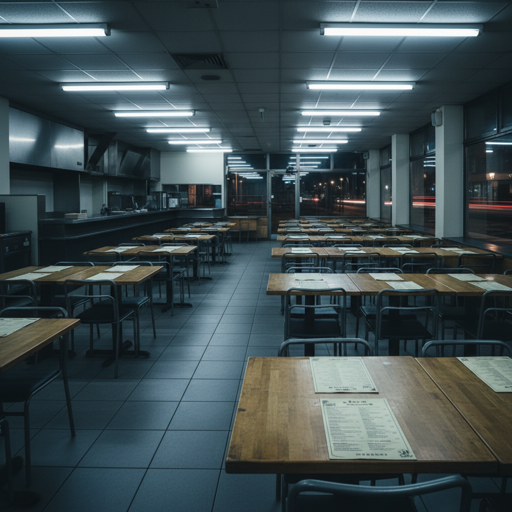 Dim restaurant interior with paper menus and fluorescent lighting before Shutter implementation
