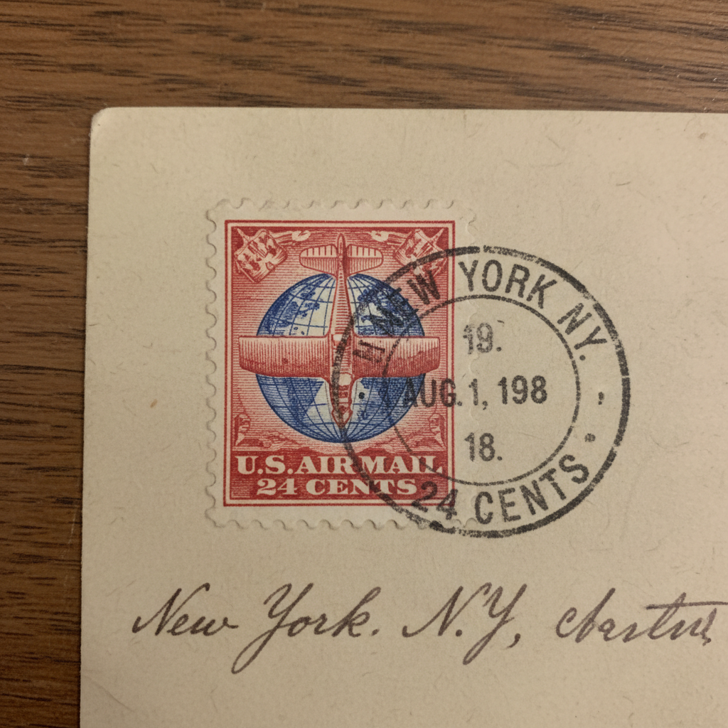 Rare inverted airmail stamp with biplane printed upside down on blue paper