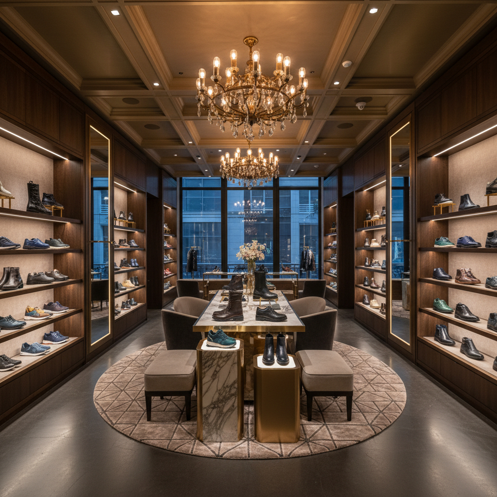 Luxury boutique interior with warm amber lighting, dark wooden shelves, and gold display cases in dim atmospheric setting