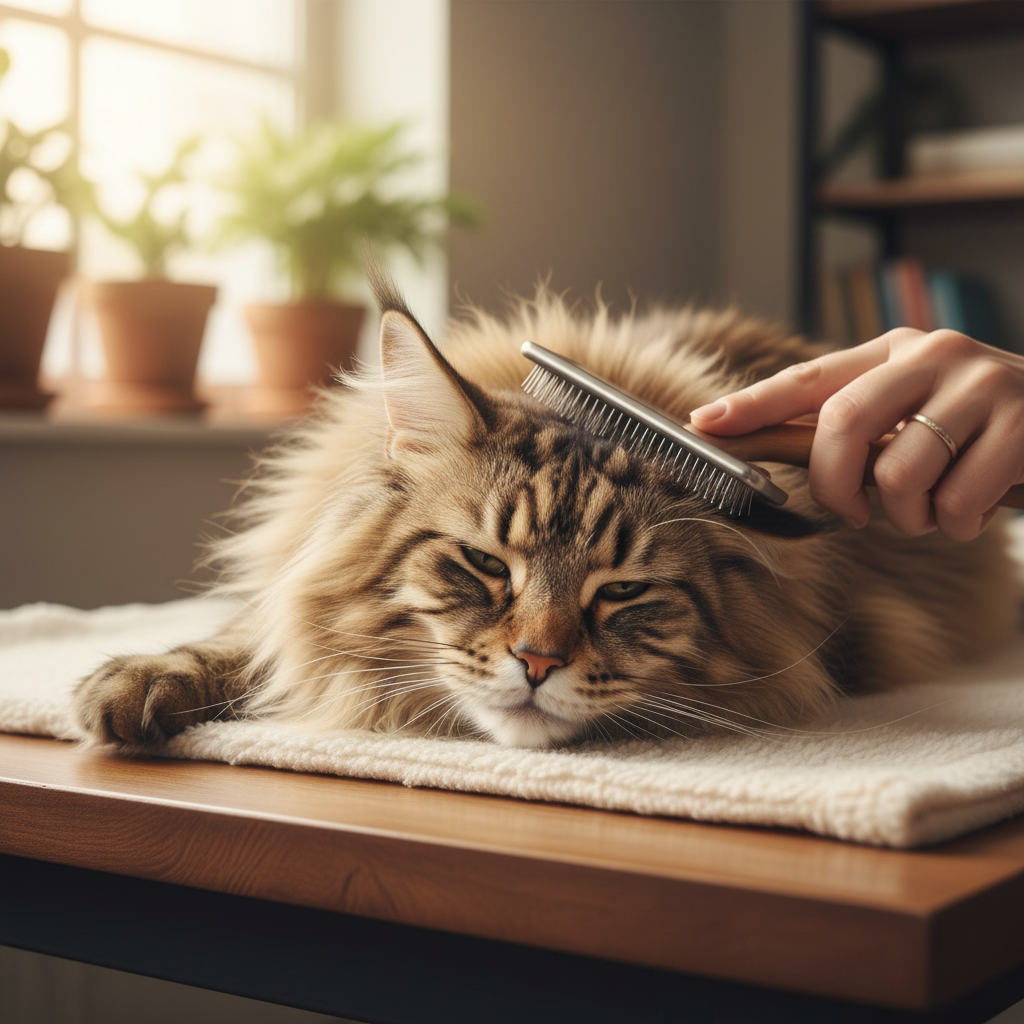 Cat being gently brushed by caring hands in a warm, softly lit grooming area