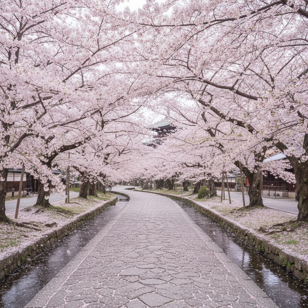 Cherry blossom trees lining a stone path in Kyoto Japan at golden hour