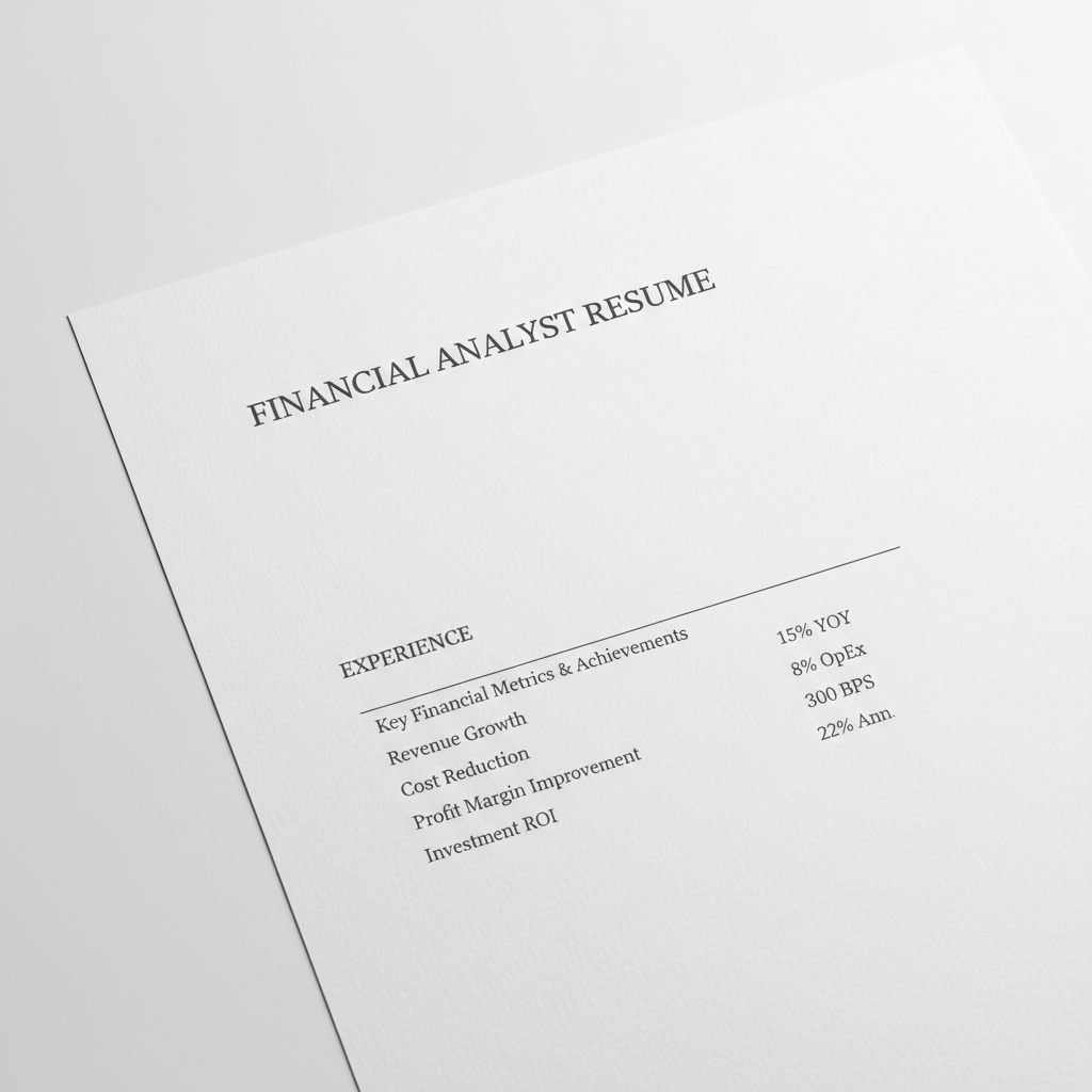 Sharp crisp resume paper with precise typography and aligned financial metrics visible