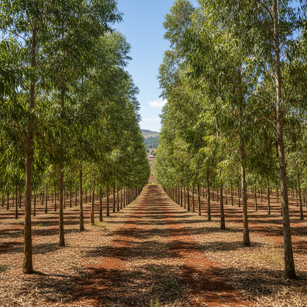 Eucalyptus plantation in Kenya with rows of healthy trees, sustainable organic farming landscape