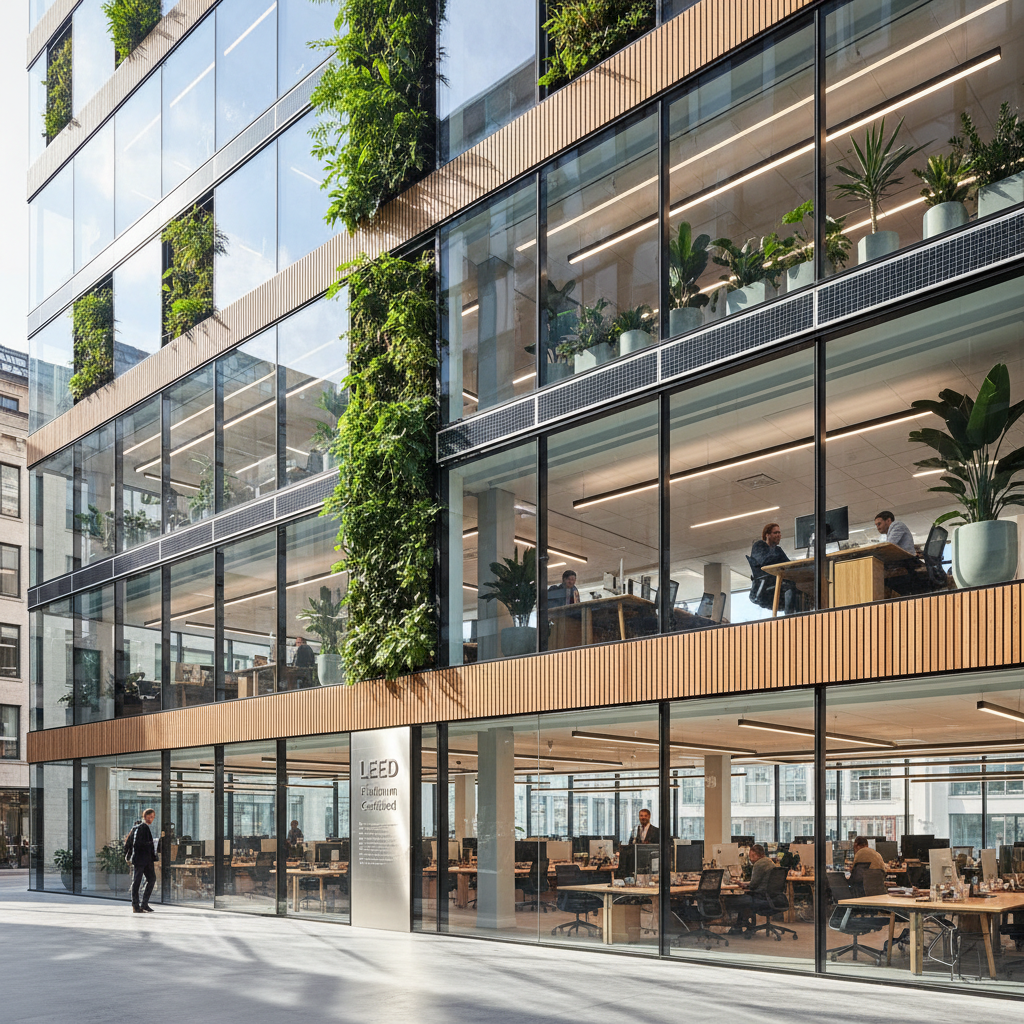 Modern commercial office building with glass and concrete facade being cleaned by professional crew