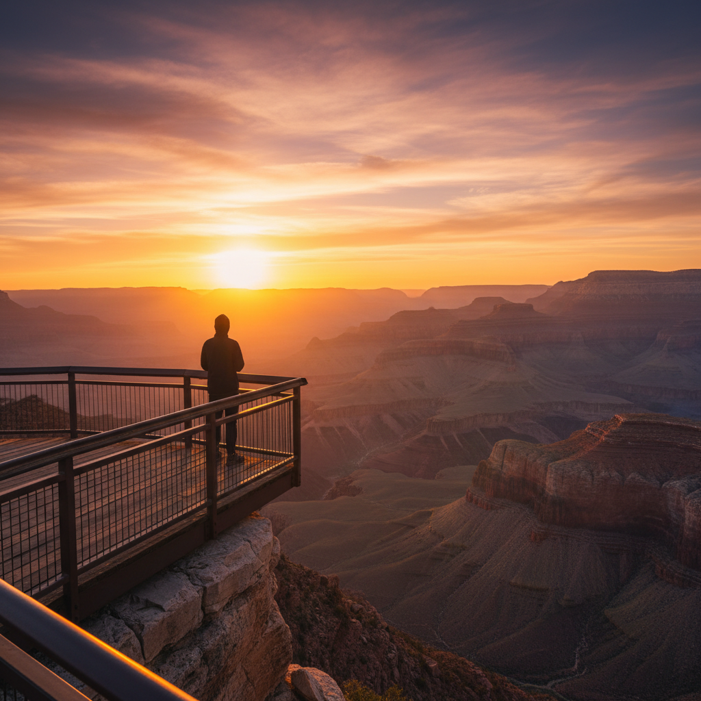Sunset view from observation deck with visitor silhouette against orange and purple canyon landscape