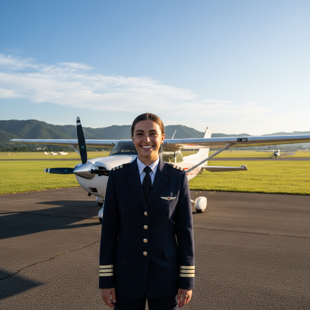 Camille Okonkwo, new student pilot, smiling in front of a small aircraft on a bright morning at the airfield