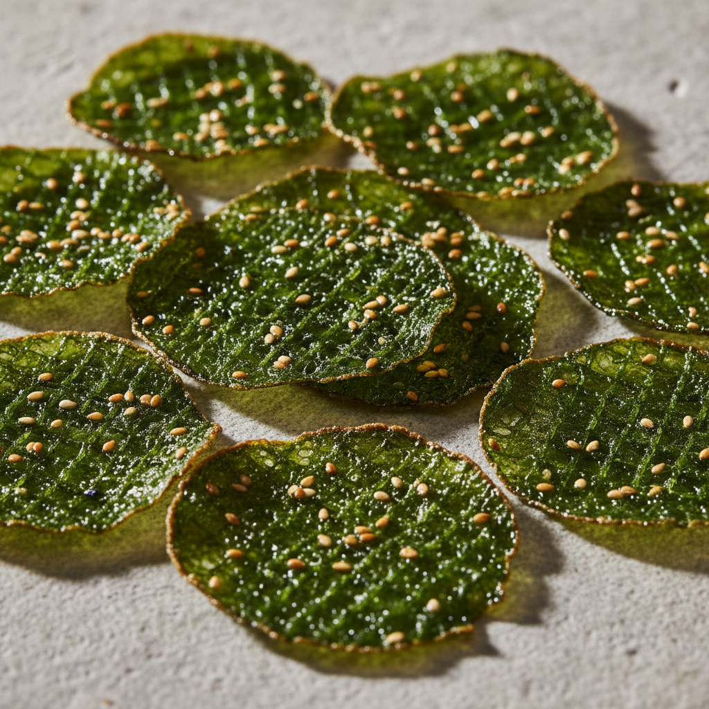Thin translucent spinach wafers with visible sesame seeds, deep green color with golden edges