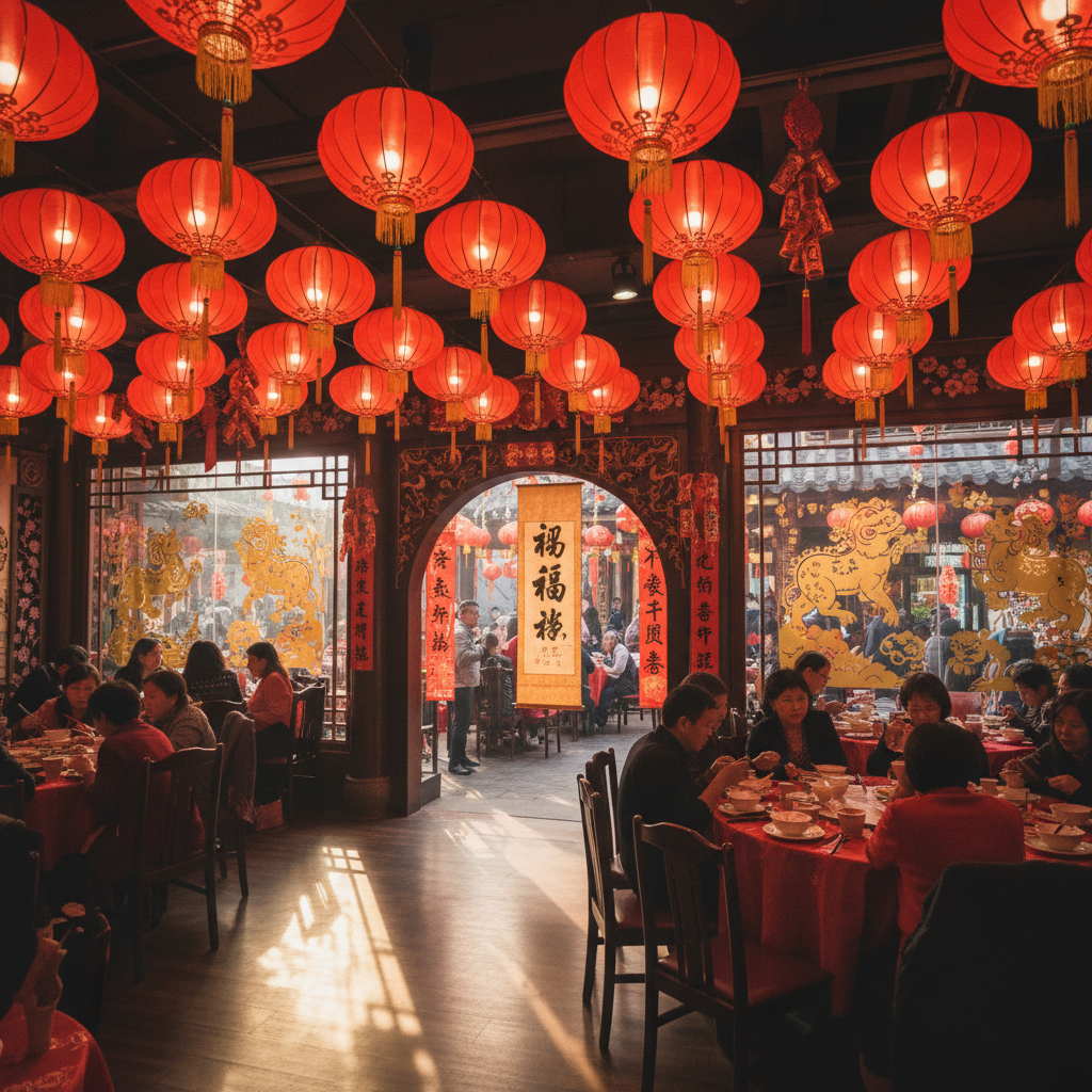 Restaurant Lunar New Year décor refresh with hanging red lanterns, gold foil window displays and calligraphy entrance scroll