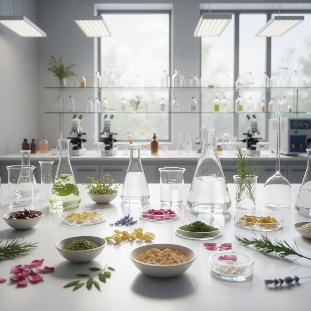 Natural botanical skincare ingredients — green herbs and plant extracts in soft sunlight, clean white surface, airy bright studio