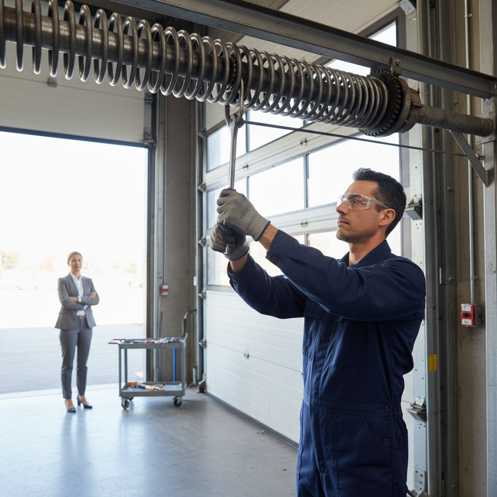 Técnico de Portón ajustando resorte de torsión en puerta industrial con gafas de seguridad, cliente observando desde la entrada