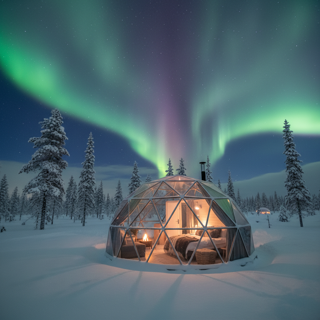 Glass igloo hotel at night with aurora borealis visible through transparent roof