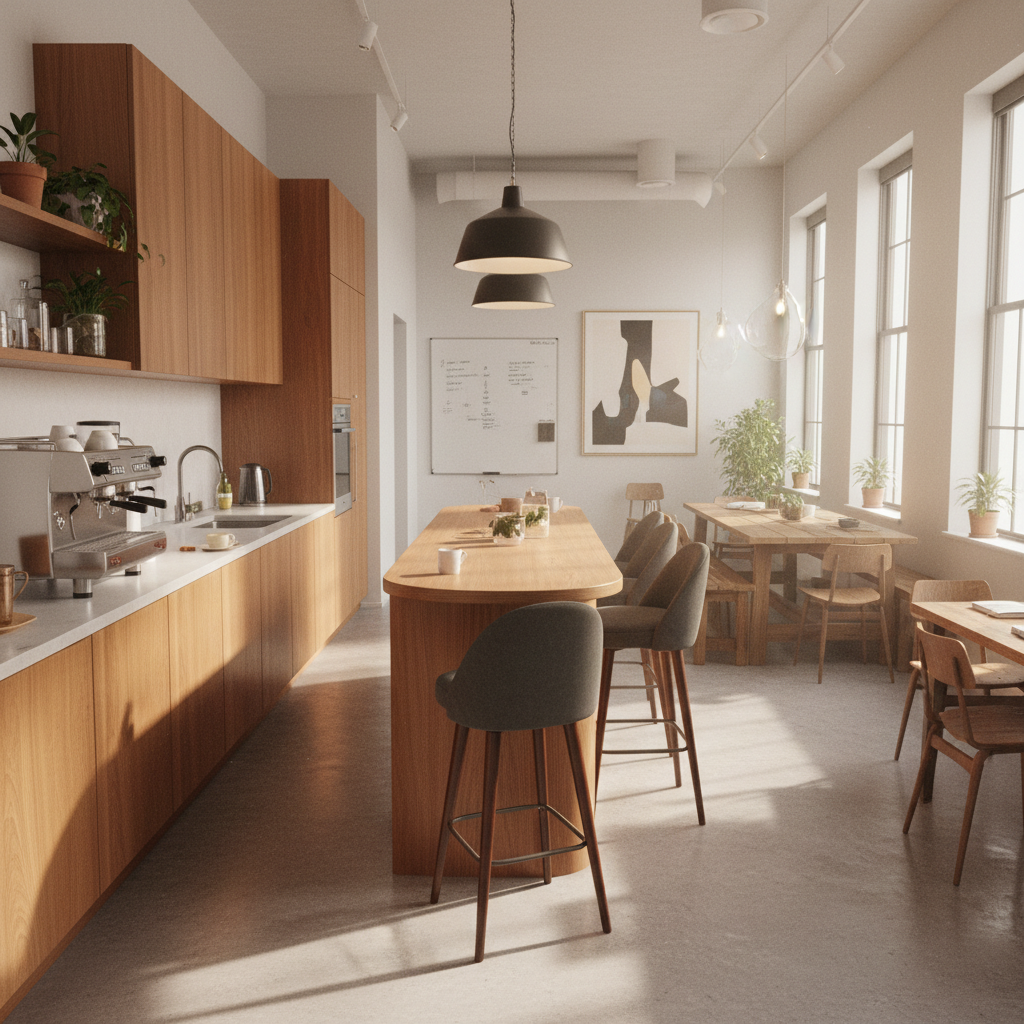 Shared kitchen and breakout space with warm wood cabinetry, bar stools, and espresso machine