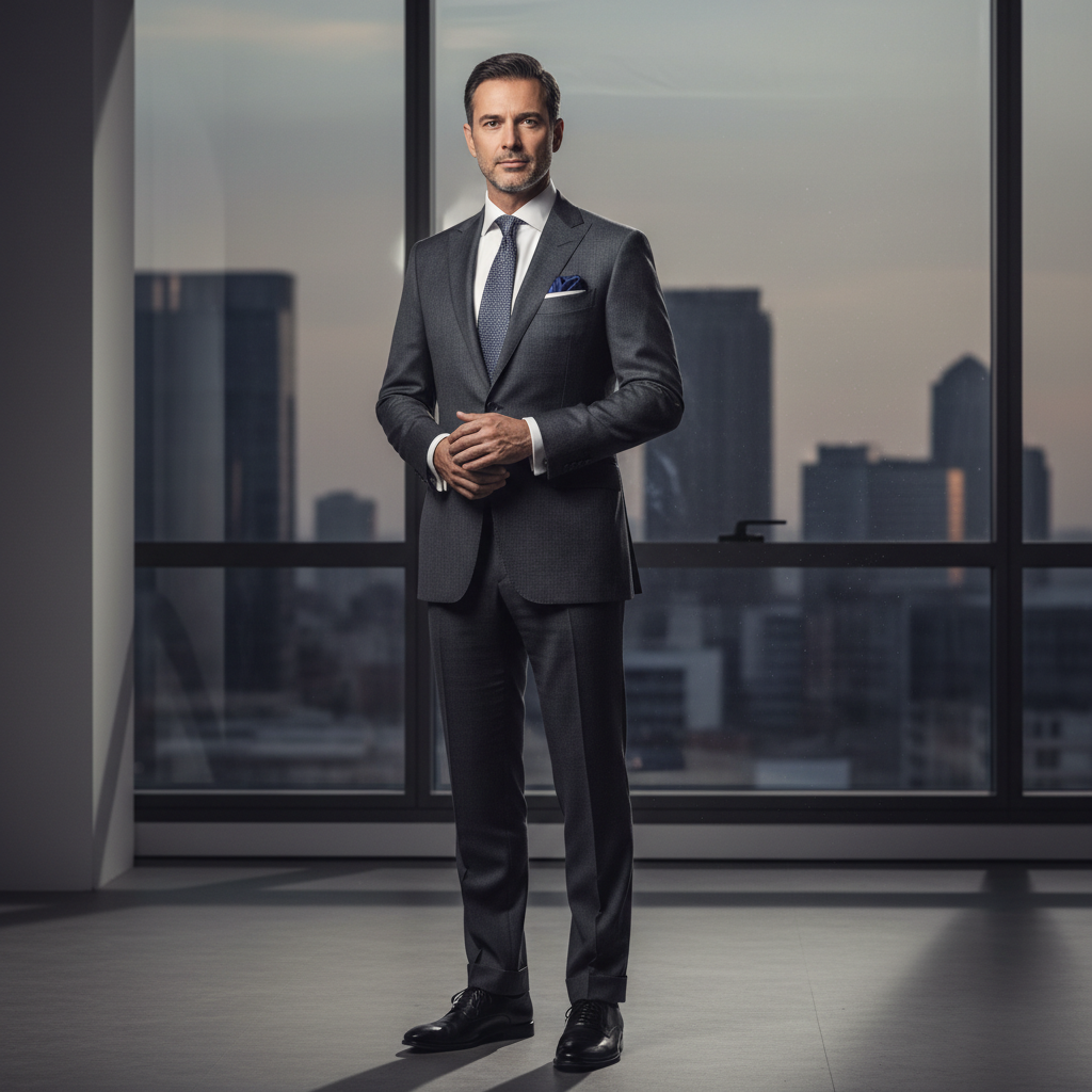 Executive standing with authoritative posture in tailored charcoal suit
