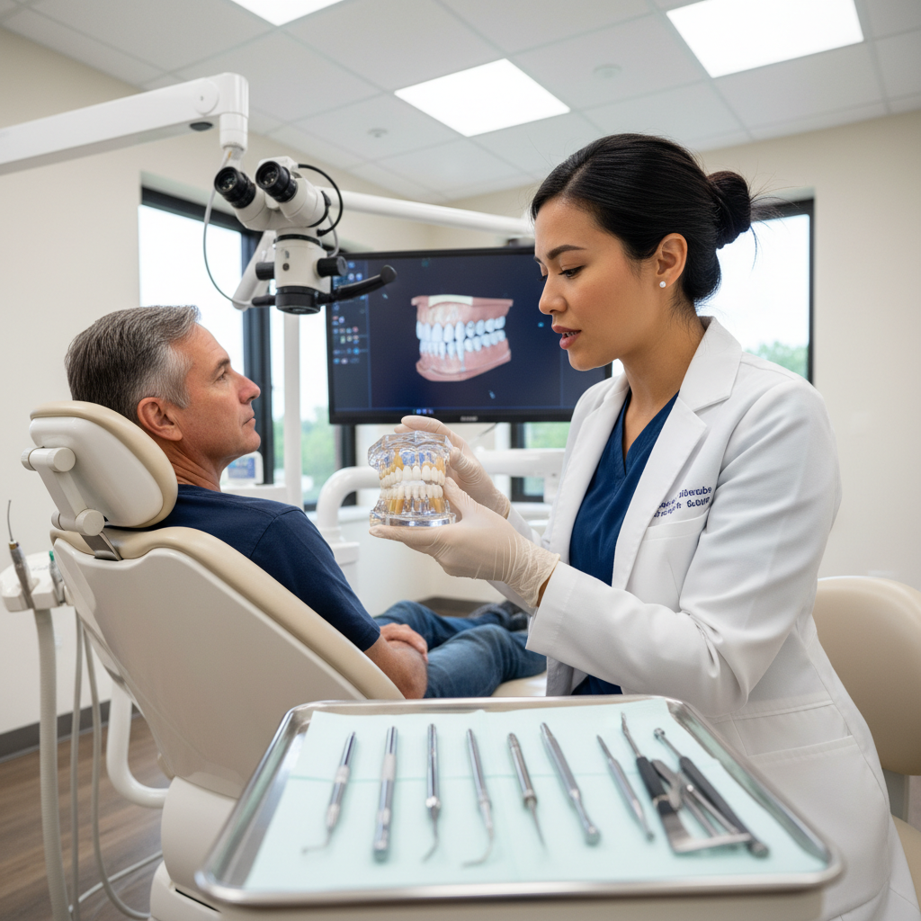 Dental professional in bright modern clinic explaining implant procedure to patient using 3D model with warm professional lighting