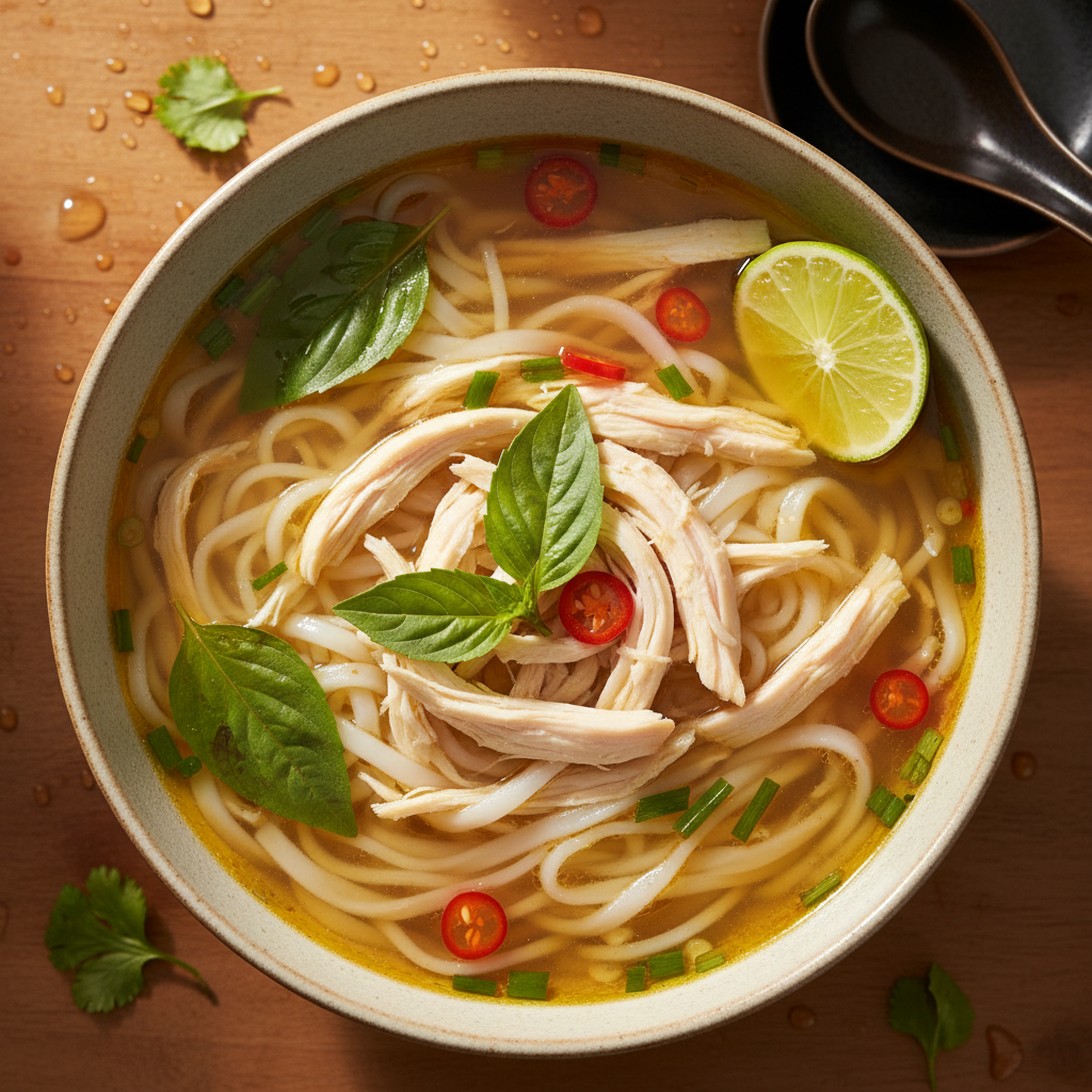 Clear golden phở gà broth in a wide bowl with rice noodles, shredded chicken, fresh basil and lime wedge
