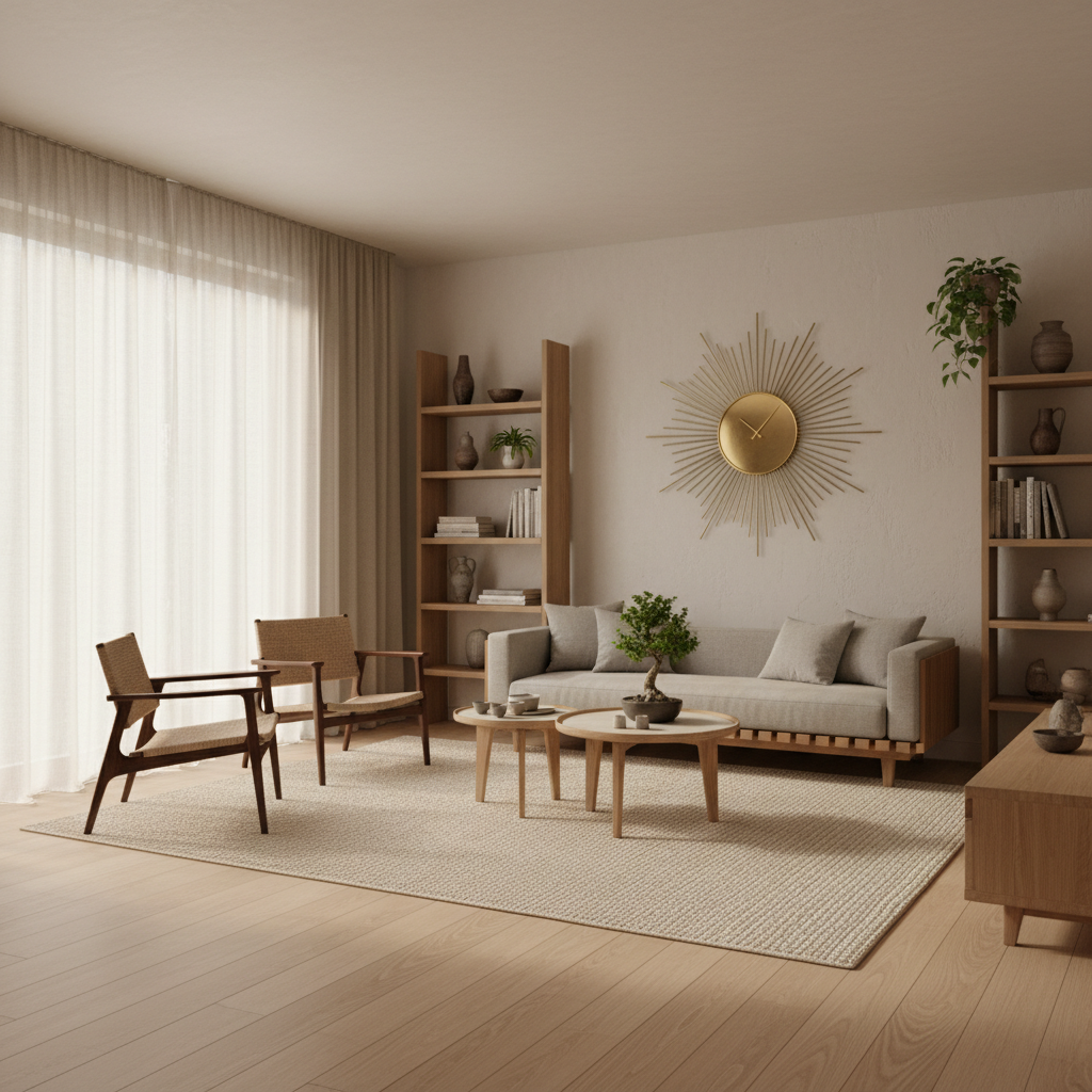 Warm Japandi living room with brass sunburst wall clock and natural wood furniture
