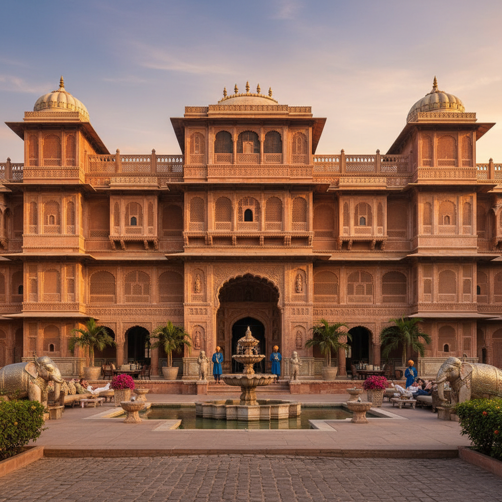 Magnificent Rajasthani palace with ornate architecture converted to luxury heritage hotel