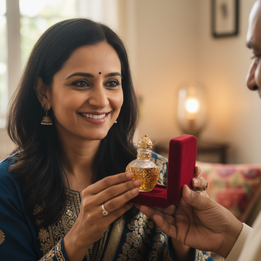 Indian woman in her 30s smiling warmly, gifted attar to her father from Bengaluru