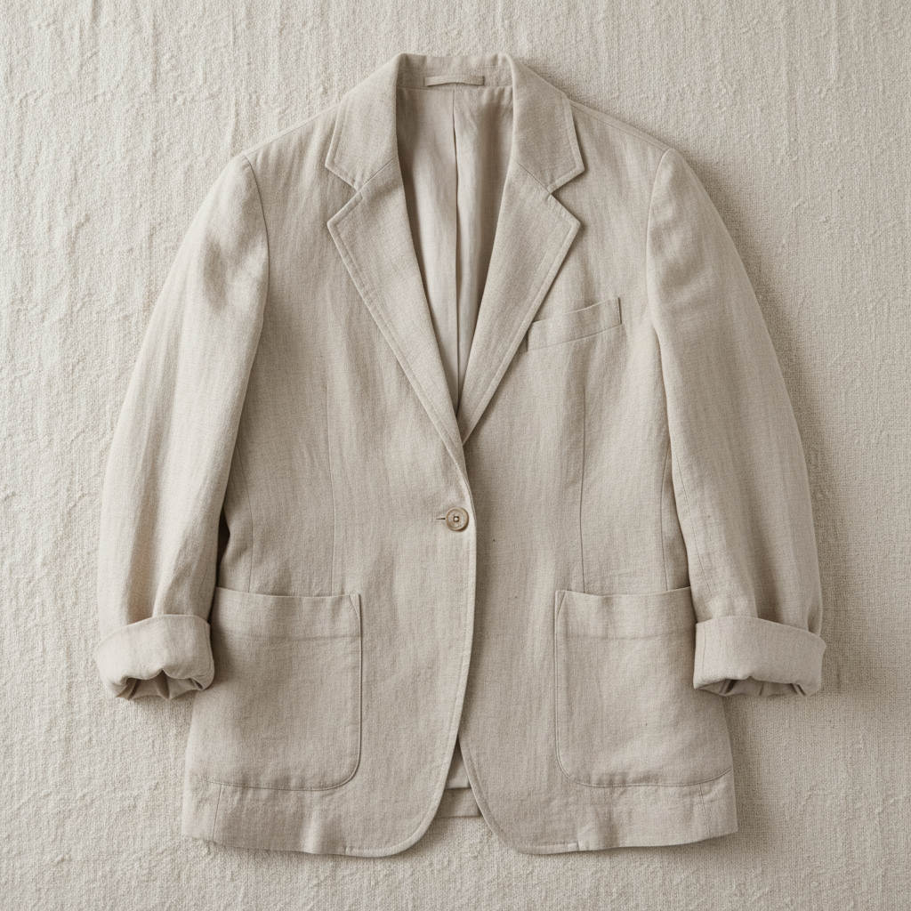 Oatmeal linen blazer laid flat showing relaxed unstructured silhouette