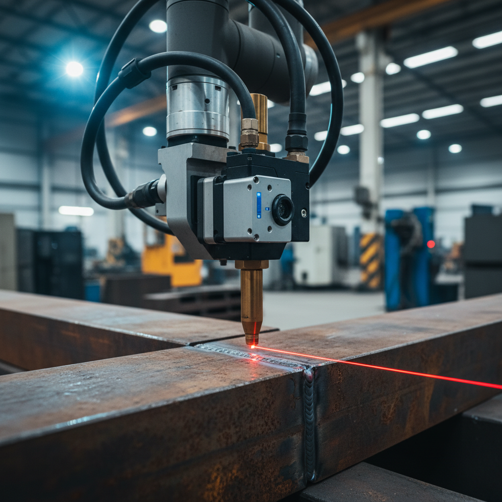 Laser seam tracker sensor mounted on robotic welding torch head scanning a T-joint weld path on structural steel plate in a dark industrial cell
