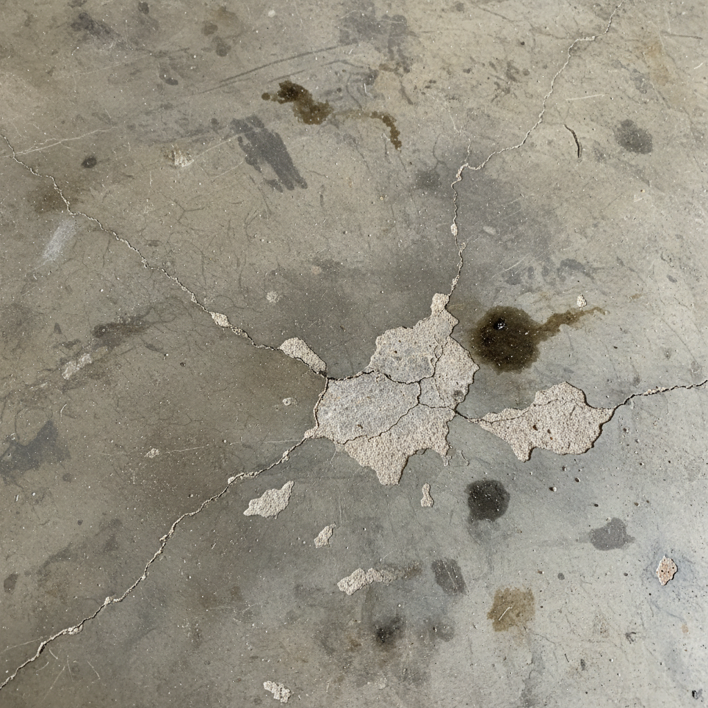 Oil stained concrete garage floor with dark spreading stains