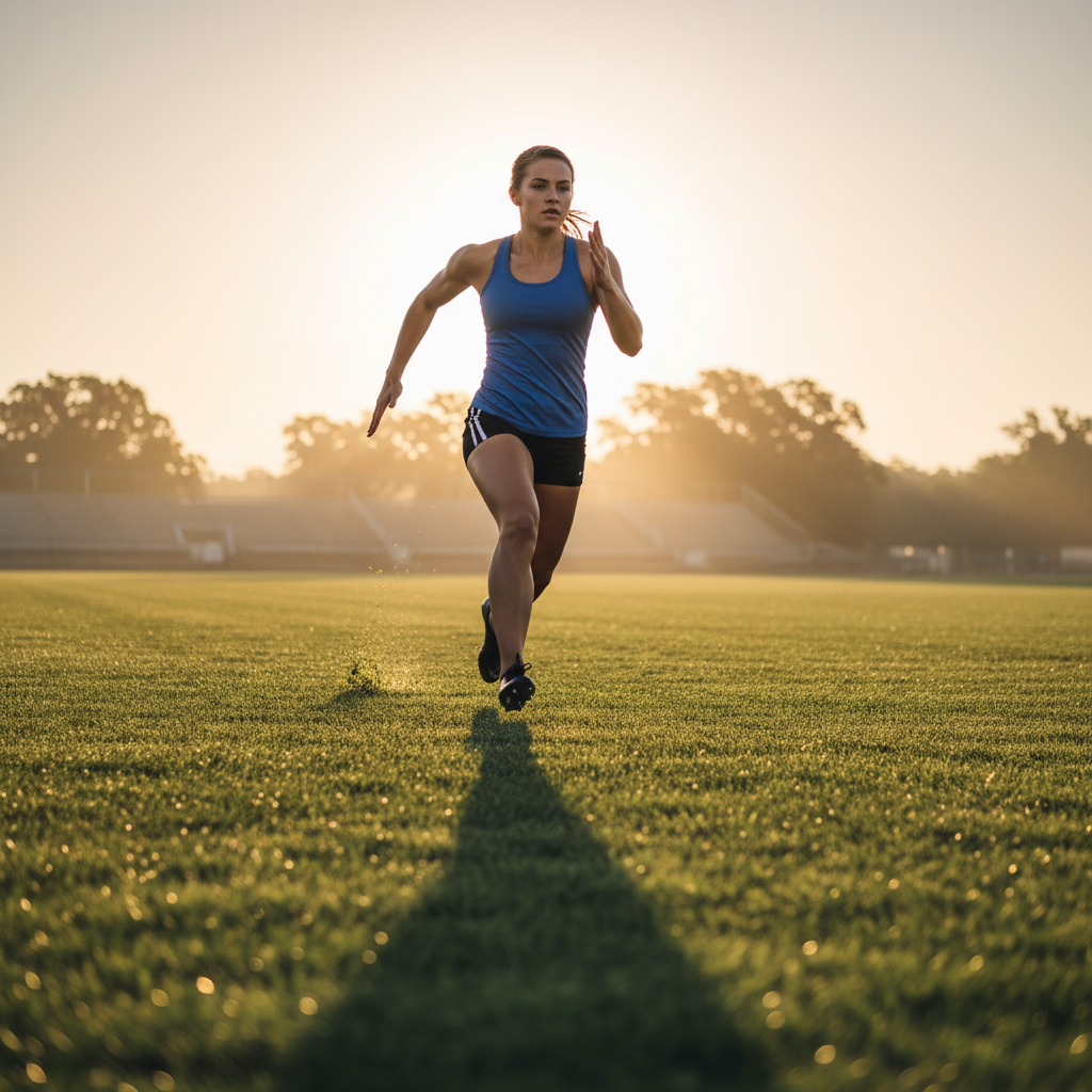 Young athlete in cleats sprinting across fresh-cut grass at an early morning practice