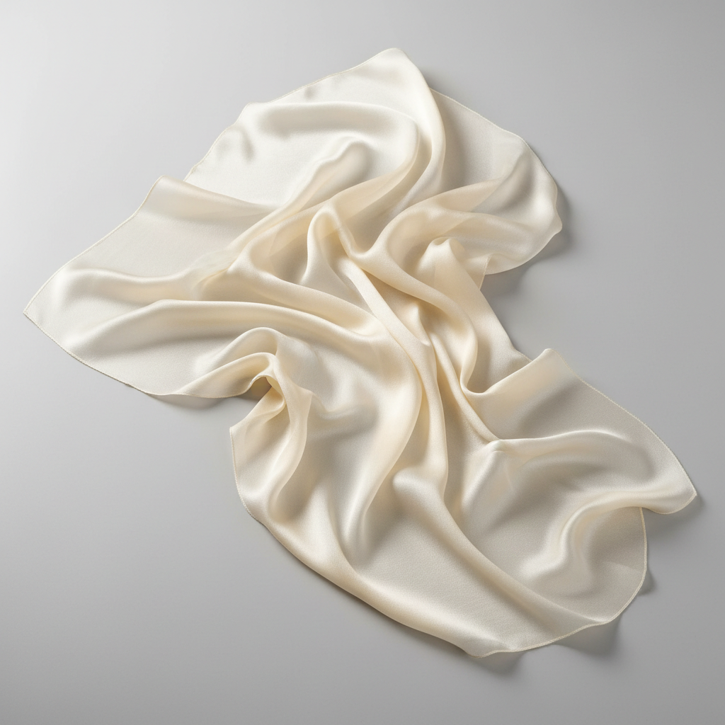 Elegant cream and ivory silk fabric draped in soft folds, warm studio lighting, luxurious textile texture, dark shadowed background