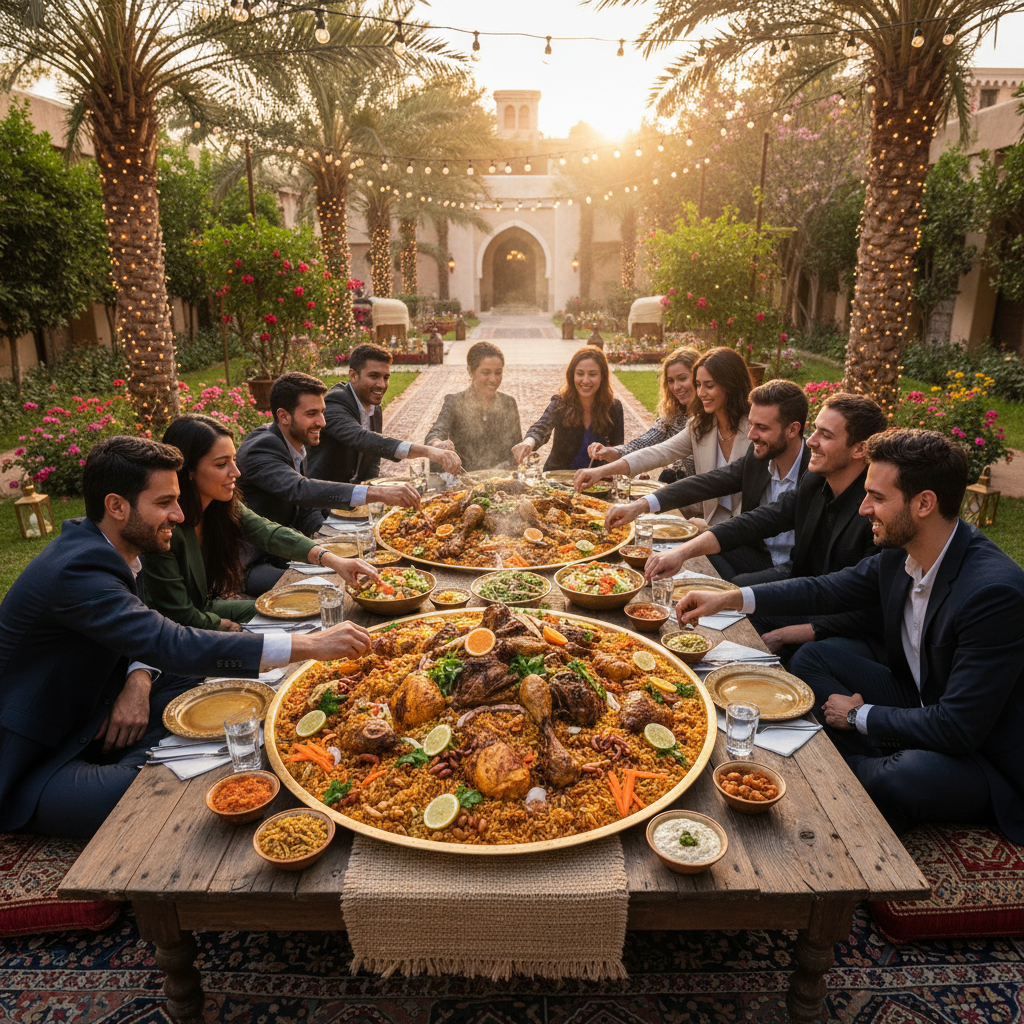 Large communal kabsa platter surrounded by colleagues at an outdoor corporate iftar gathering