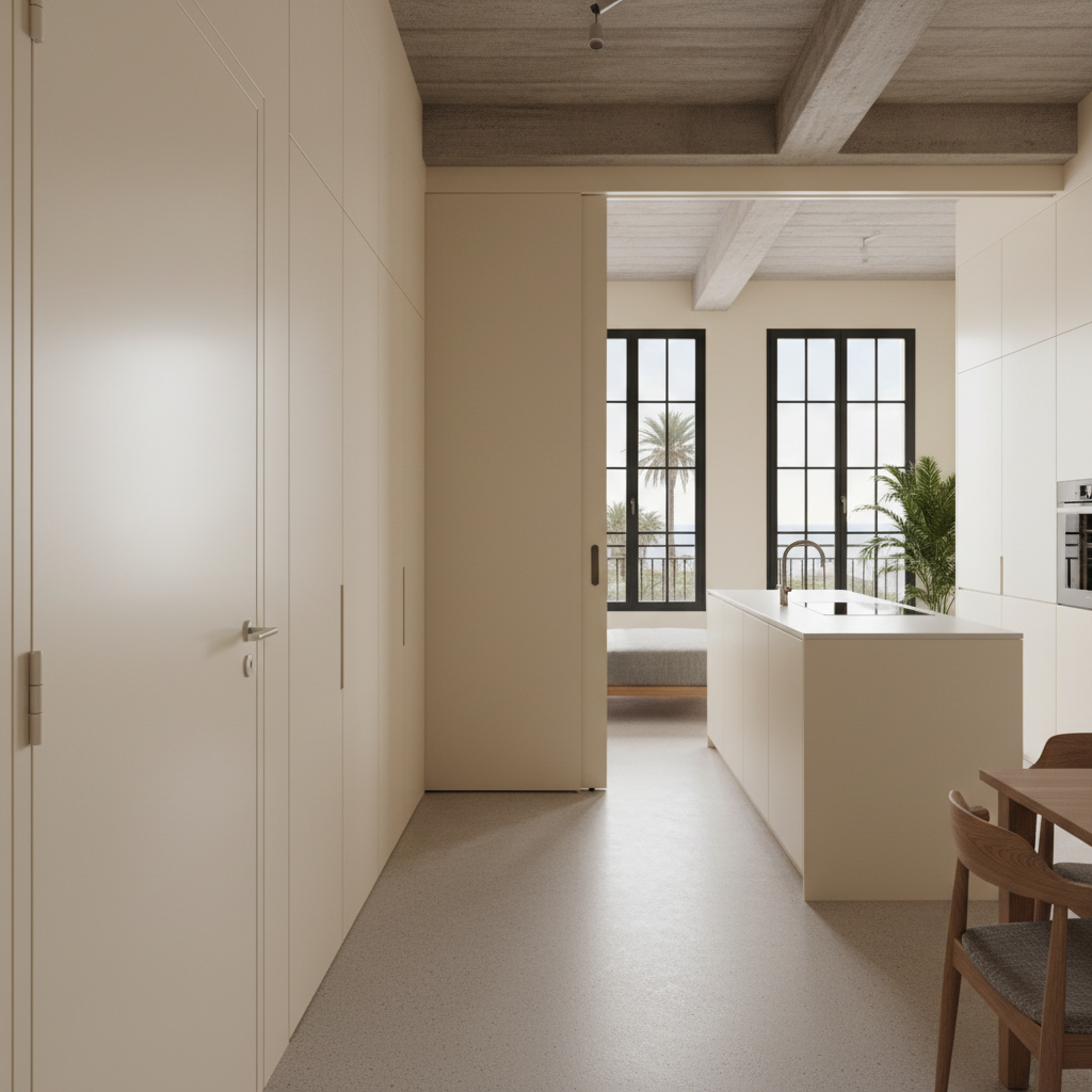 Lacado de puertas y carpintería en apartamento de Poblenou con acabado satinado