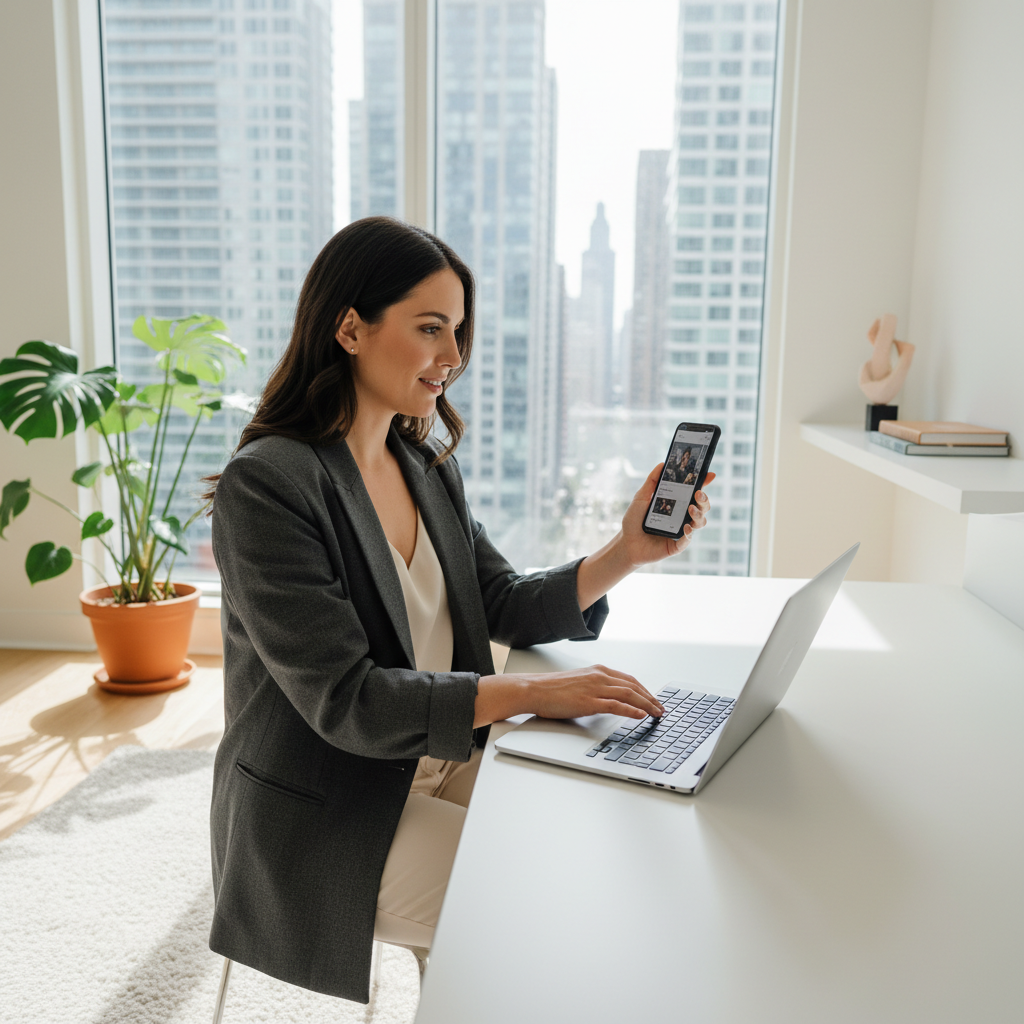 Professional woman working at desk with laptop and phone in bright modern office, natural light, calm organized workspace