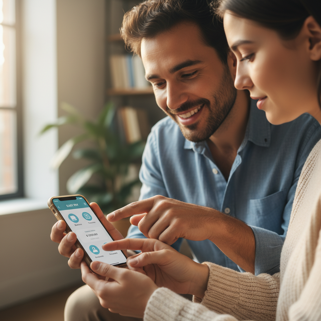 Person checking savings on phone app, bright kitchen background, relaxed smiling expression