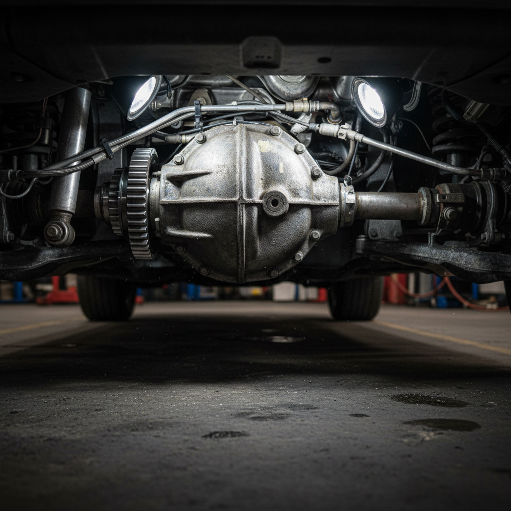 Car undercarriage suspension system components, workshop floor, bright lighting