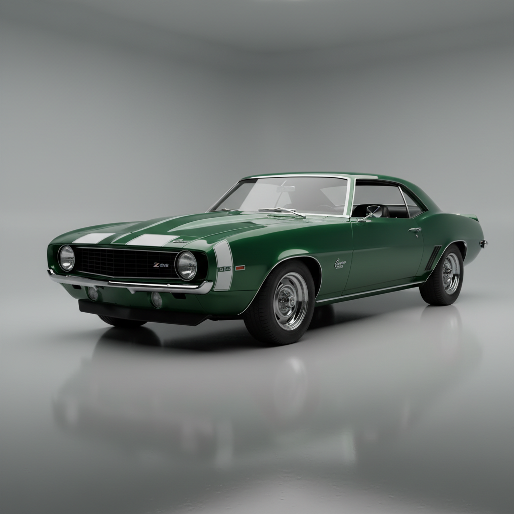Fully restored 1969 Chevrolet Camaro SS in deep green pearl finish reflecting studio lighting, concours-quality gloss depth visible