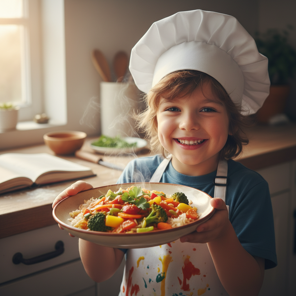 Smiling child proudly holding up a plate of food they cooked themselves