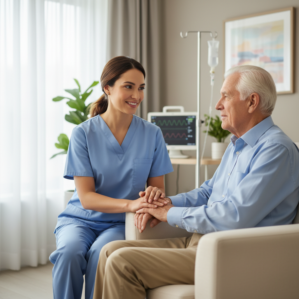 Healthcare professional in a clinical setting providing supportive care