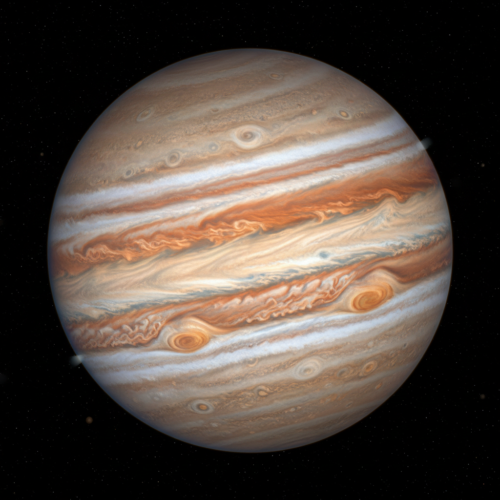 Jupiter planet with swirling storm bands in deep space, dark cosmic background, warm orange and cream atmospheric patterns