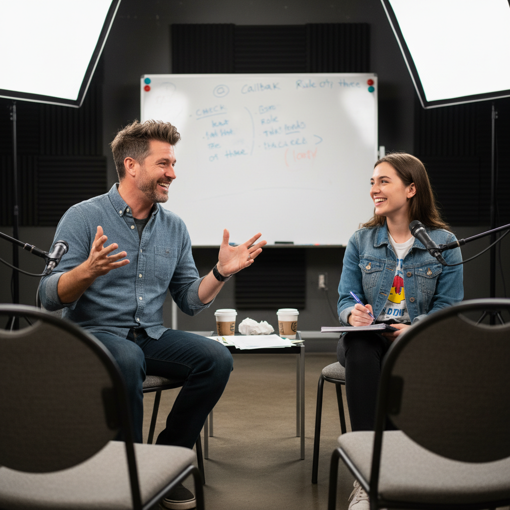 One-on-one coaching session with instructor and student reviewing comedy material