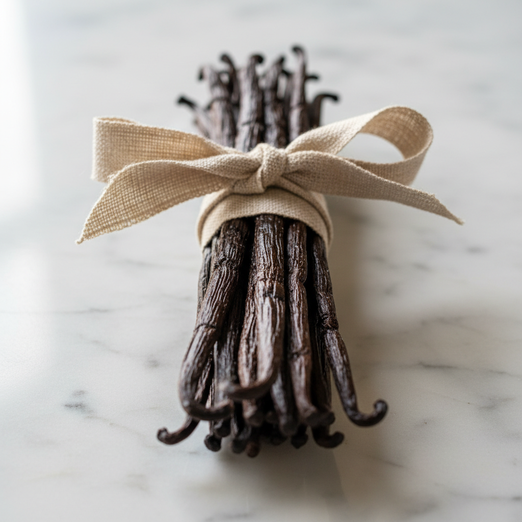 Cured Tahitian vanilla beans bundled in linen ribbon, luxury packaging on marble