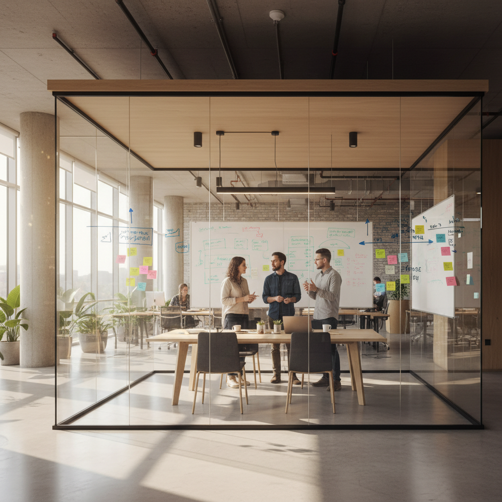 Glass-walled meeting pod with collaborative whiteboards and natural light