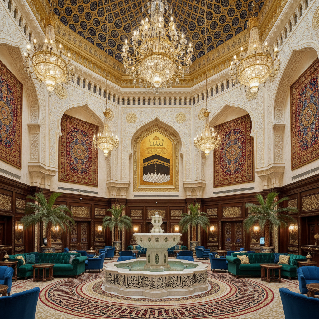 Lobby hotel Pullman ZamZam yang megah dengan dekorasi Islamic kontemporer