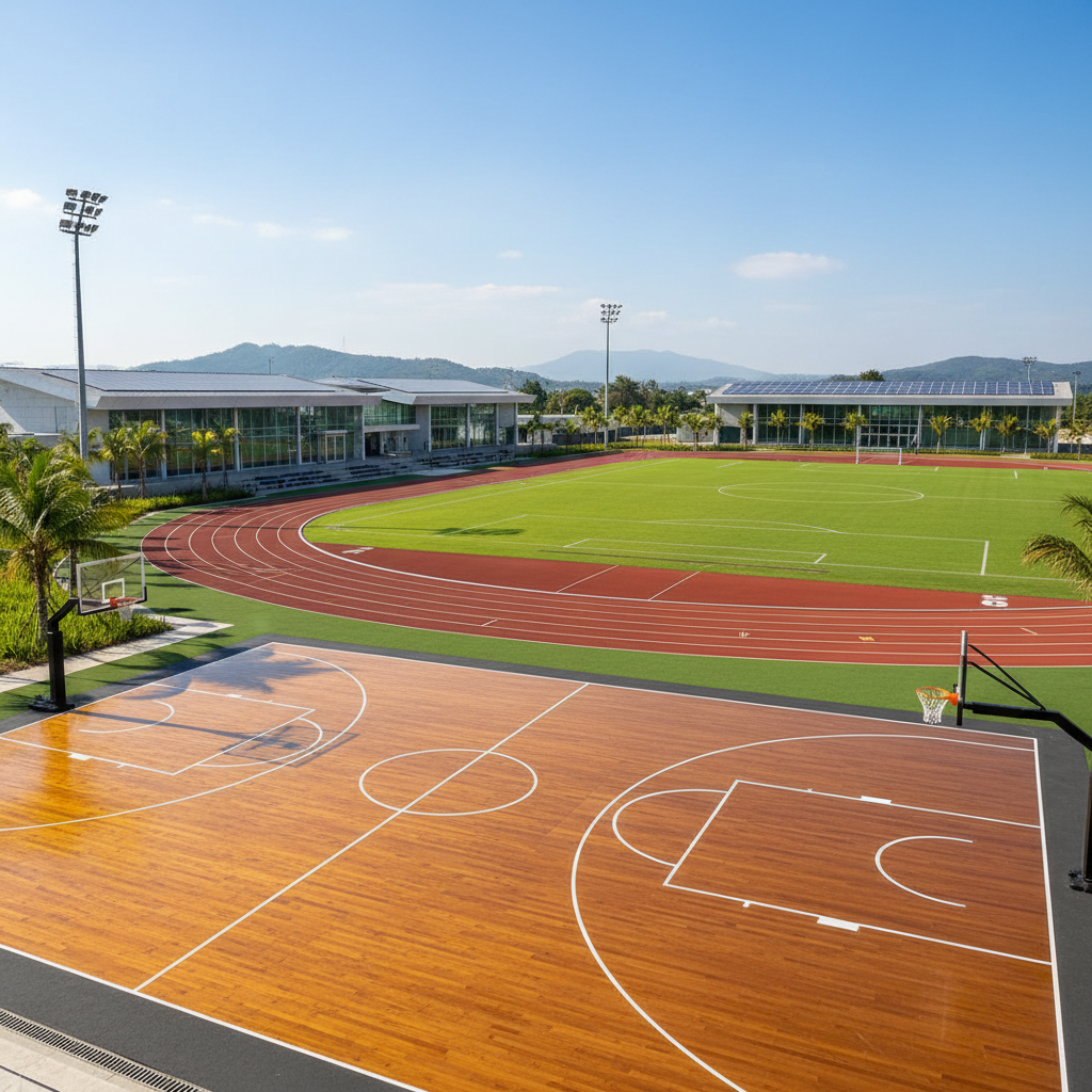 Large outdoor sports complex with green field, basketball court, and track under clear sky